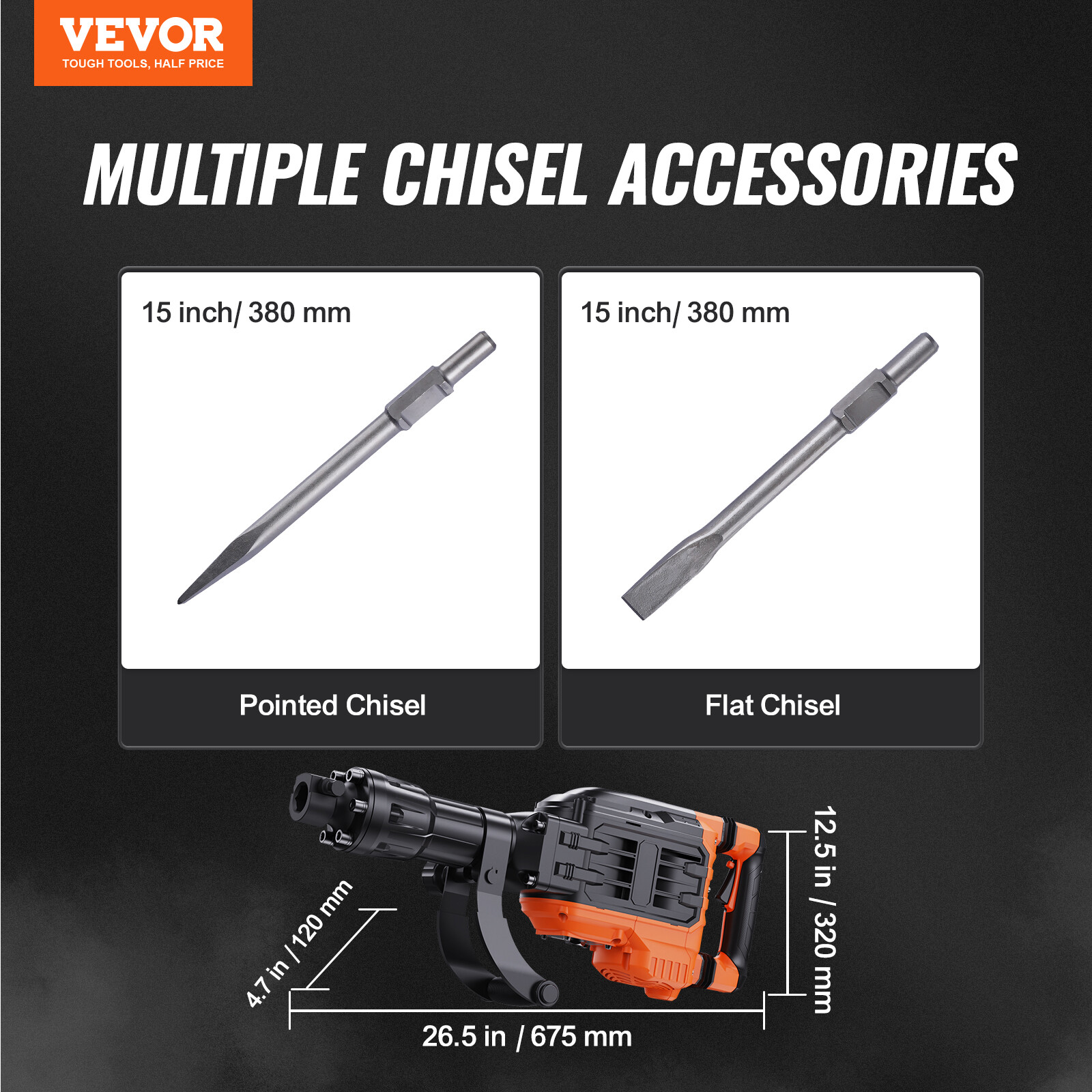 VEVOR Demolition Jack Hammer Concrete Breaker 3500W Electric 2 Chisel Bits Black