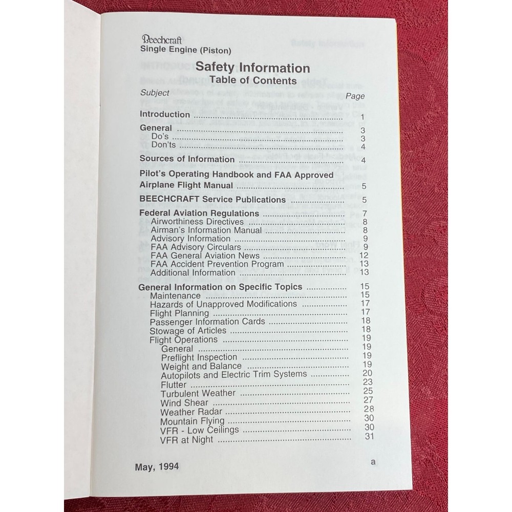 Beechcraft Single Engine (Piston) Airplanes Safety Information Booklet May 1994