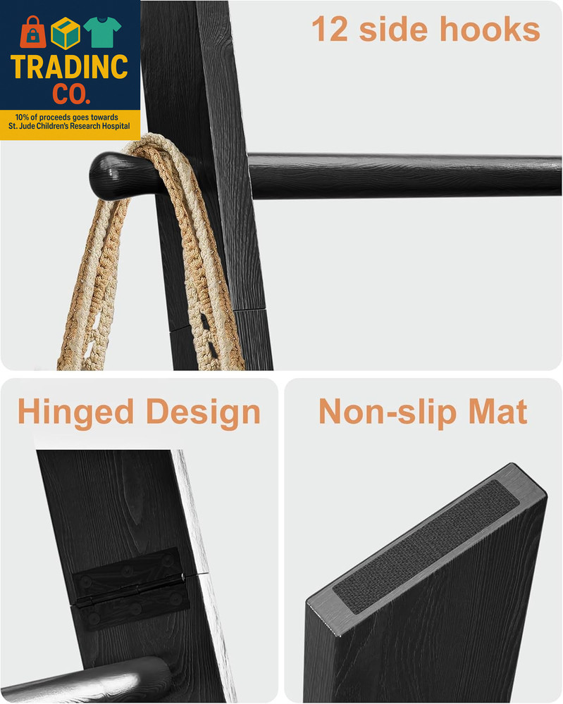 6-Tier Blanket Ladder with Hanging Knobs, 5.5 Ft Wall Leaning Blanket Ladders fo