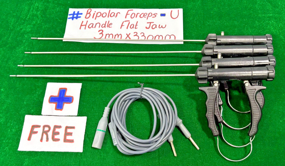 4pc Laparoscopic Bipolar Forceps U Handle Flat Jaw 3mmx330mm (with Cable)