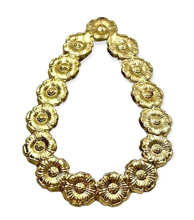 Large Solid Brass Lead & Nickel Free Flower Pattern Pear Shape Hoops Earrings