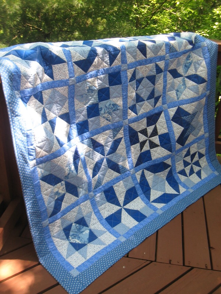 Handcrafted True Blues Sampler Quilt, 62" Square, Lap, Bed Cover