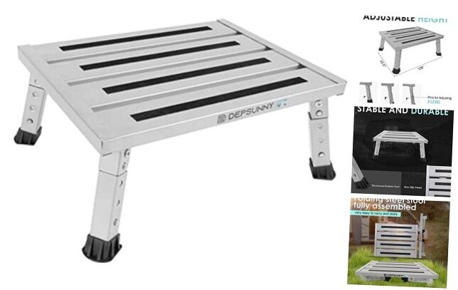 Adjustable Height Aluminum RV Step, Stable Foldable Platform Step Stool, Silver