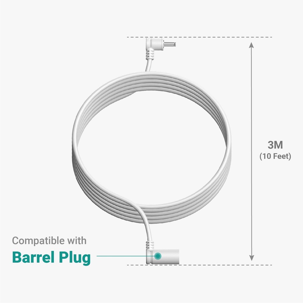 10 ft. Barrel Plug Extension Cable - Compatible with Ring 10 (3 m), White