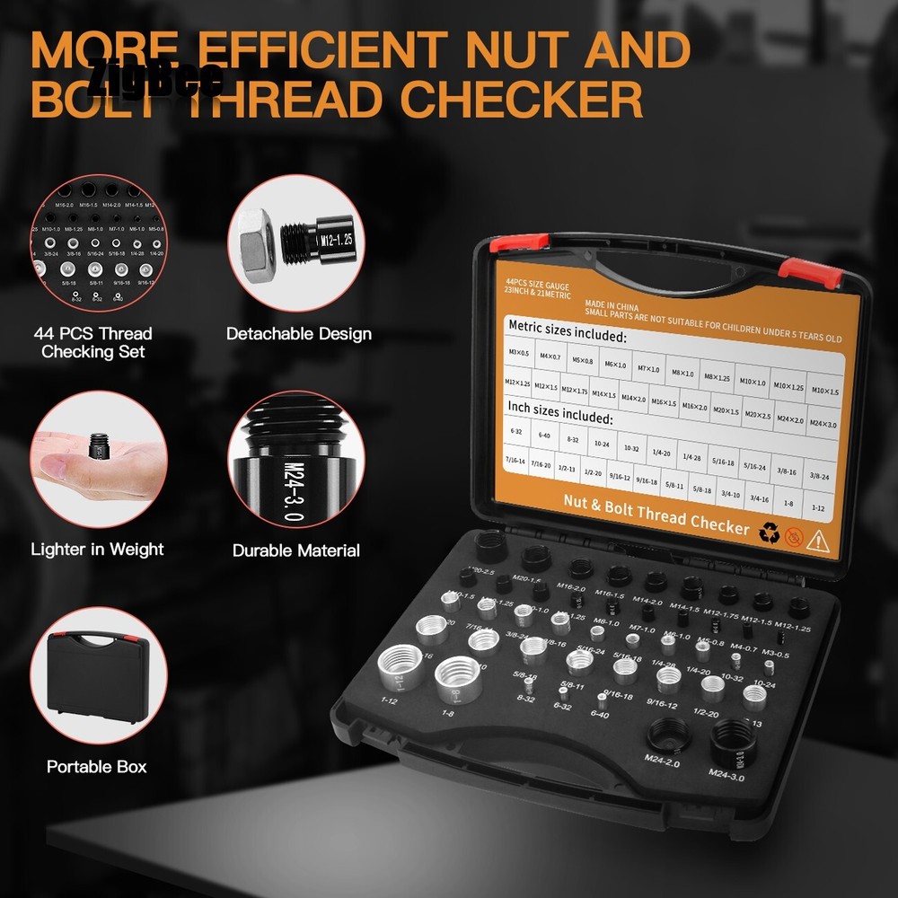 44pcs Nut and Bolt Thread Checker Inch & Metric Sizes Portable Bolt