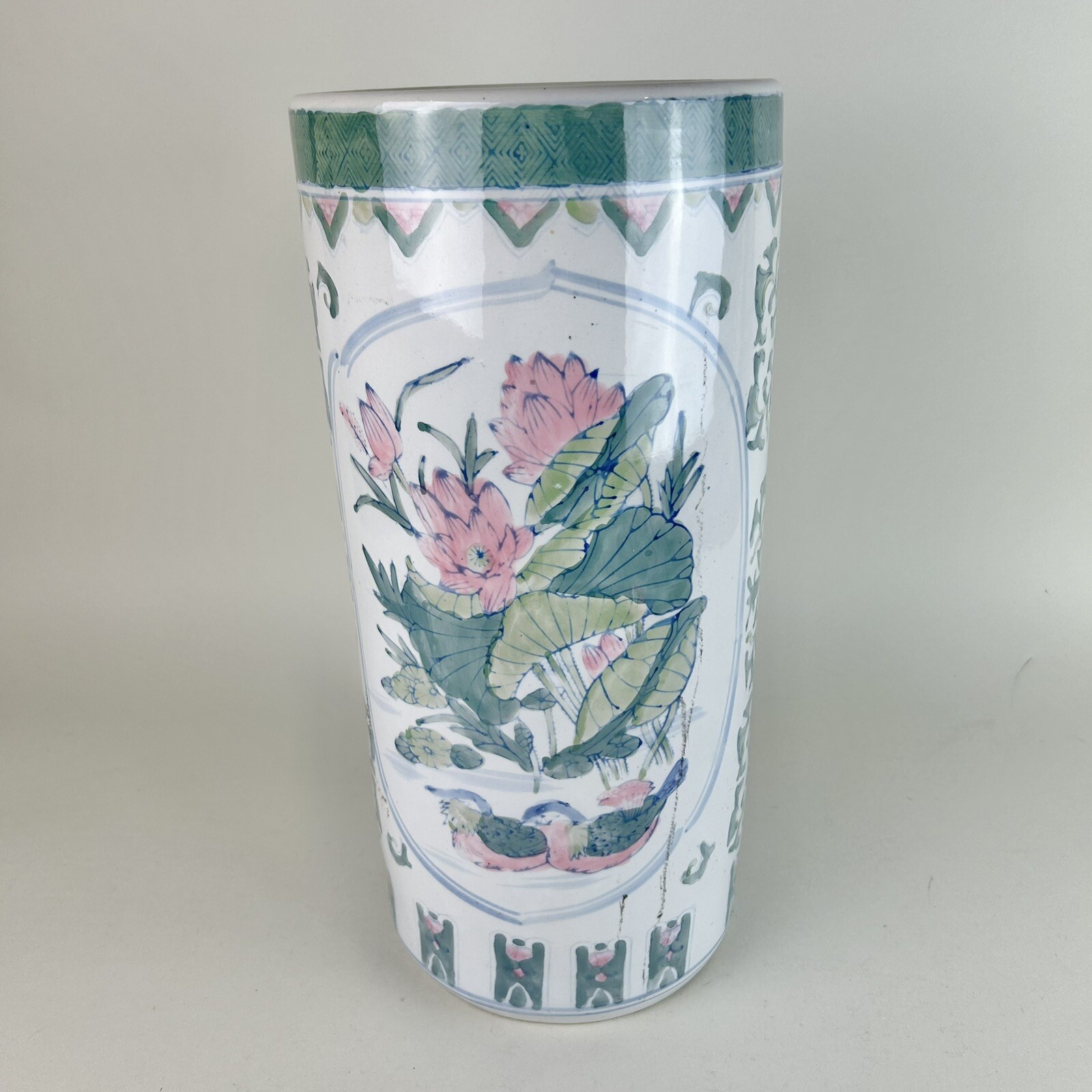 Vintage Ceramic Umbrella Stand 18” Asian Design Floral Birds Flowers