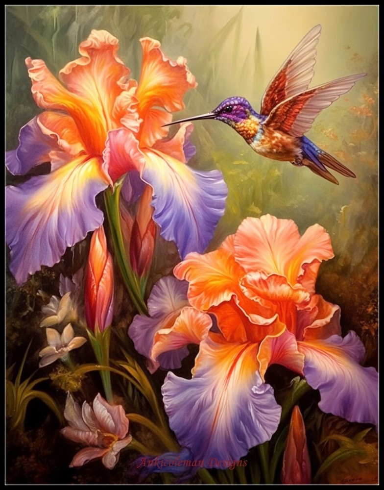 Iris and Hummingbird 2 - Chart Counted Cross Stitch Pattern Needlework DMC Color