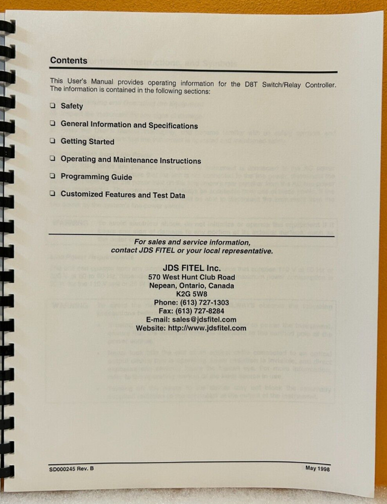 JDS Fitel SA3232-Z000287 D8T Switch/Relay Controller User's Manual.