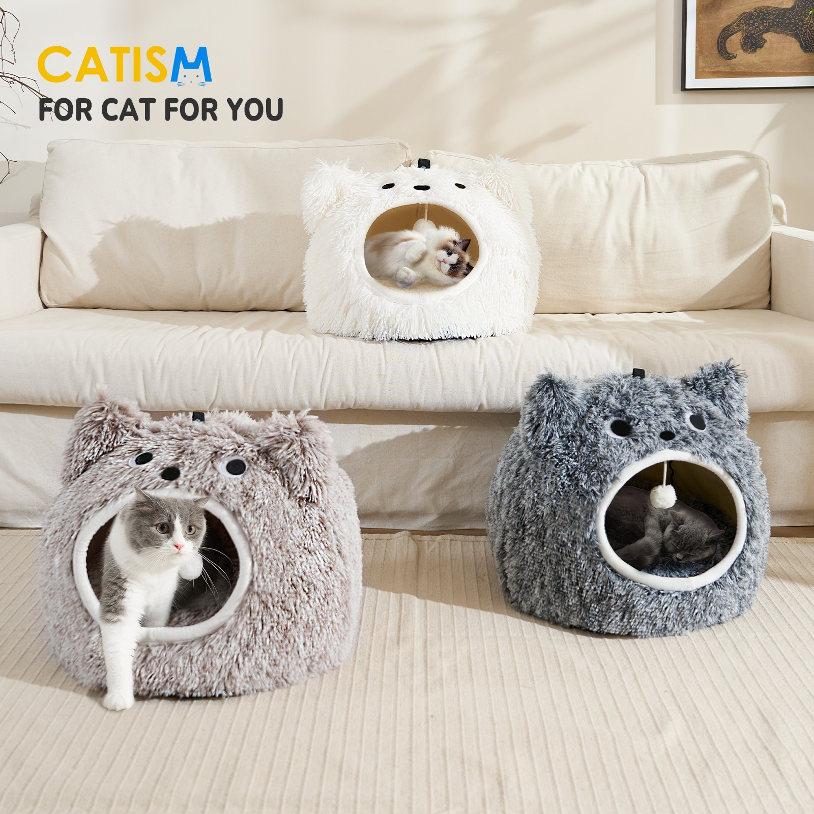 CATISM Cat Bed Indoor Soft Plush Removable Pillow Non-Slip Base Dogs Cave Nest