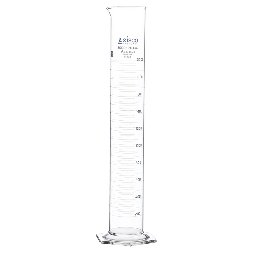 Graduated Cylinder, 2000ml - Class A Tolerance ±10.0ml - Hexagonal Base - Blu...