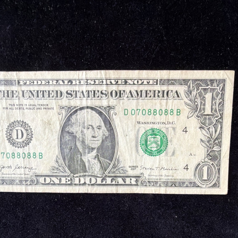 $1 US Dollar Bill Error Note D07088088B trinity four of kind 8 rare
