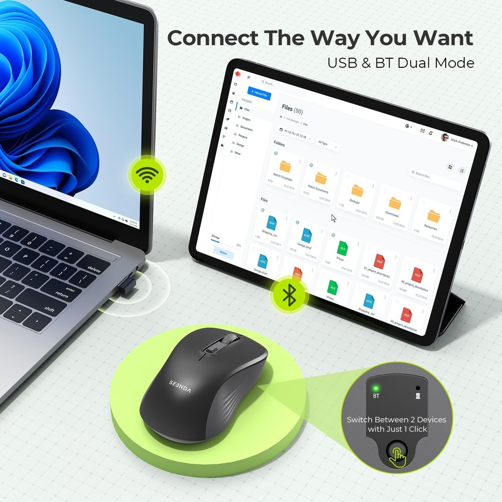seenda Wireless Mouse, Bluetooth Mouse for Laptop - Dual Mode (Bluetooth + 2....