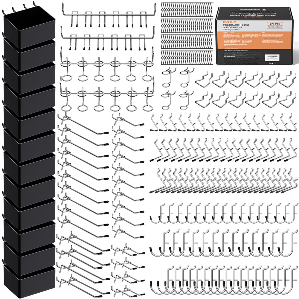 Incly 278Pcs Pegboard Accessories Organizer Kit, Peg Board Hooks Assor