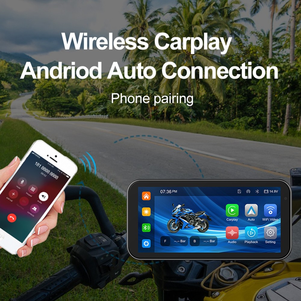 Wireless Motorcycle CarPlay Android Auto 6.25" Touch Screen GPS Navigation+TPMS