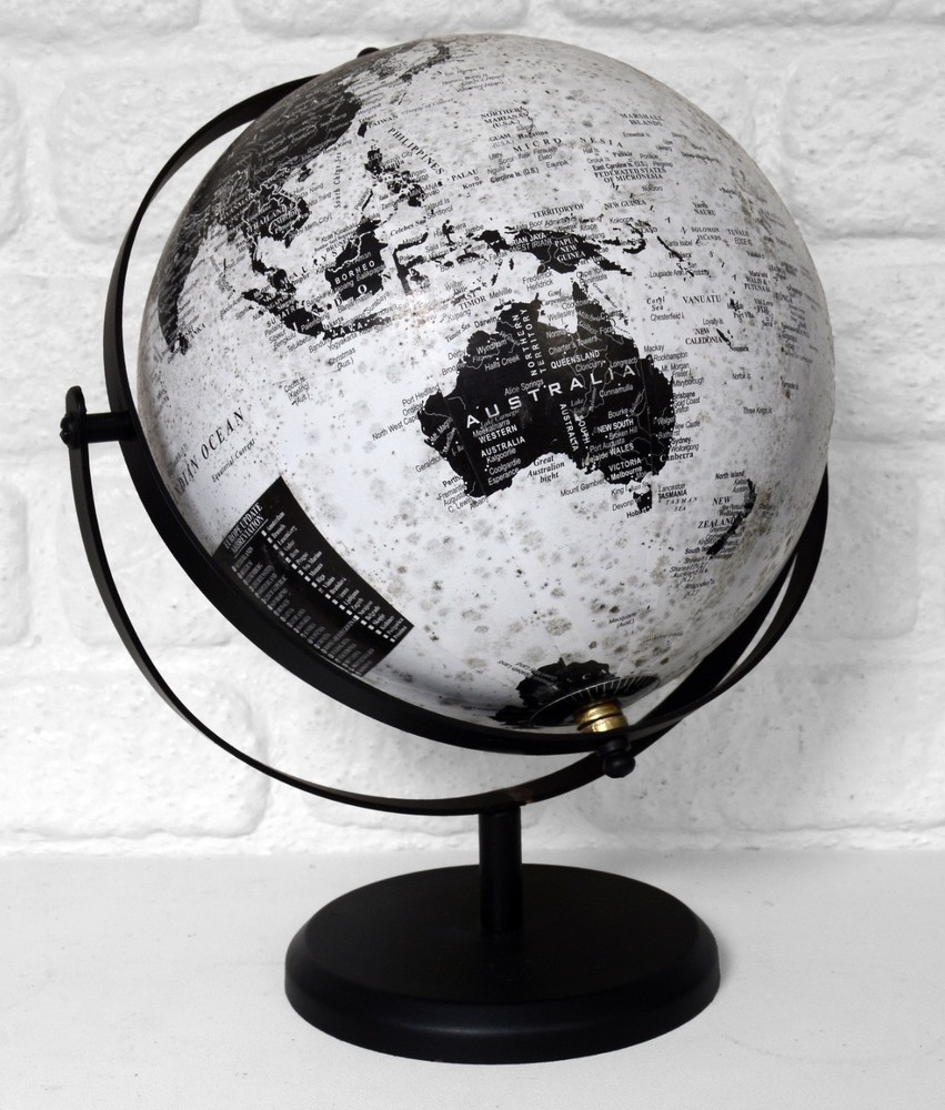 Terrestrial Rotating 8” Globe with Stand. Black & White Design. 30cms Tall