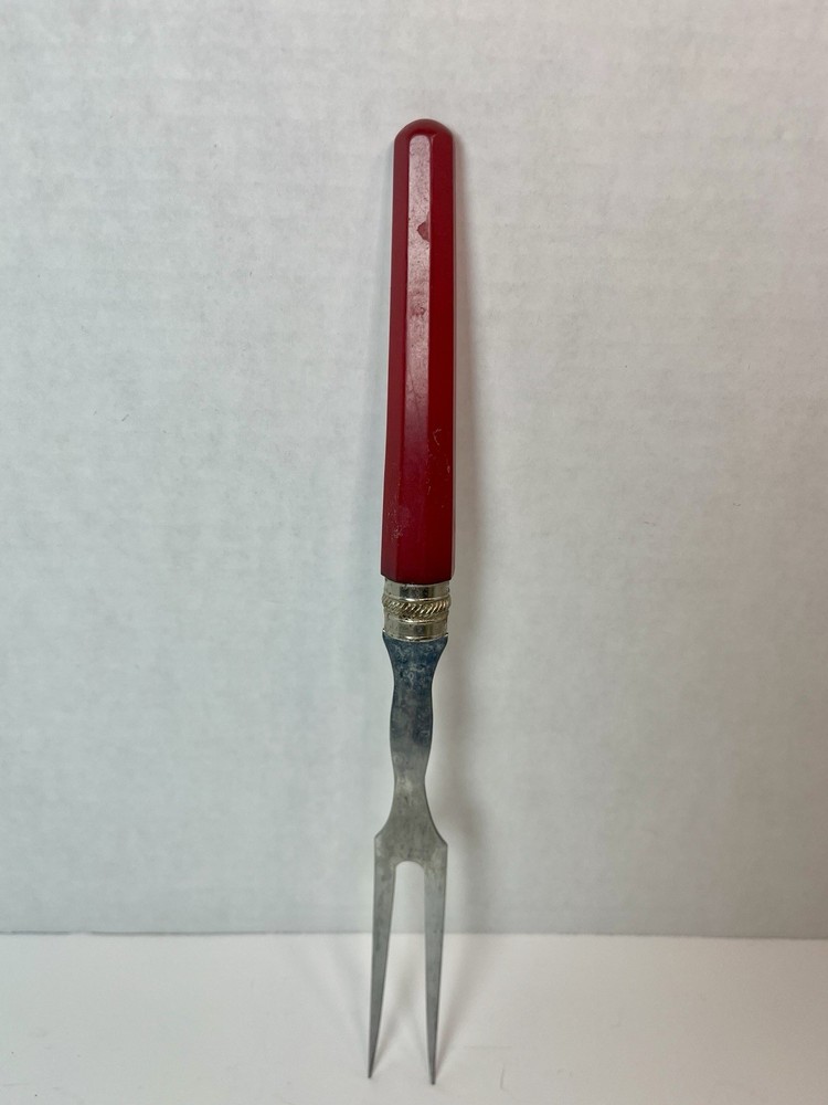 BAKELITE Vintage Large Stainless Steel SERVING FORK with Red  BAKELITE HANDLE