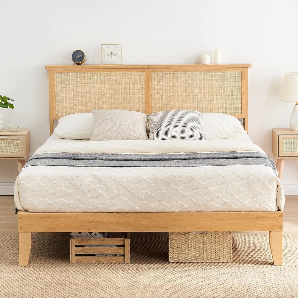 ✅Full Size Bed Frame with Rattan Headboard Platform Bed Frame with LED Lights NE