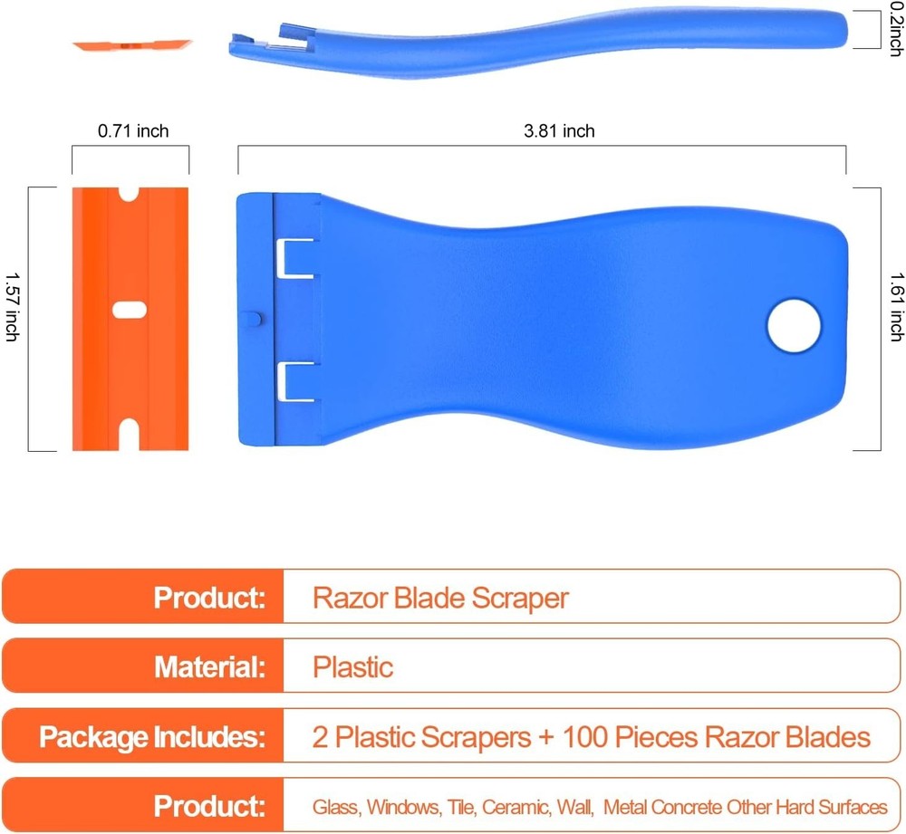 Multi-Purpose Plastic Razor Blade Scraper Kit - 100 No Scratch Blades Included