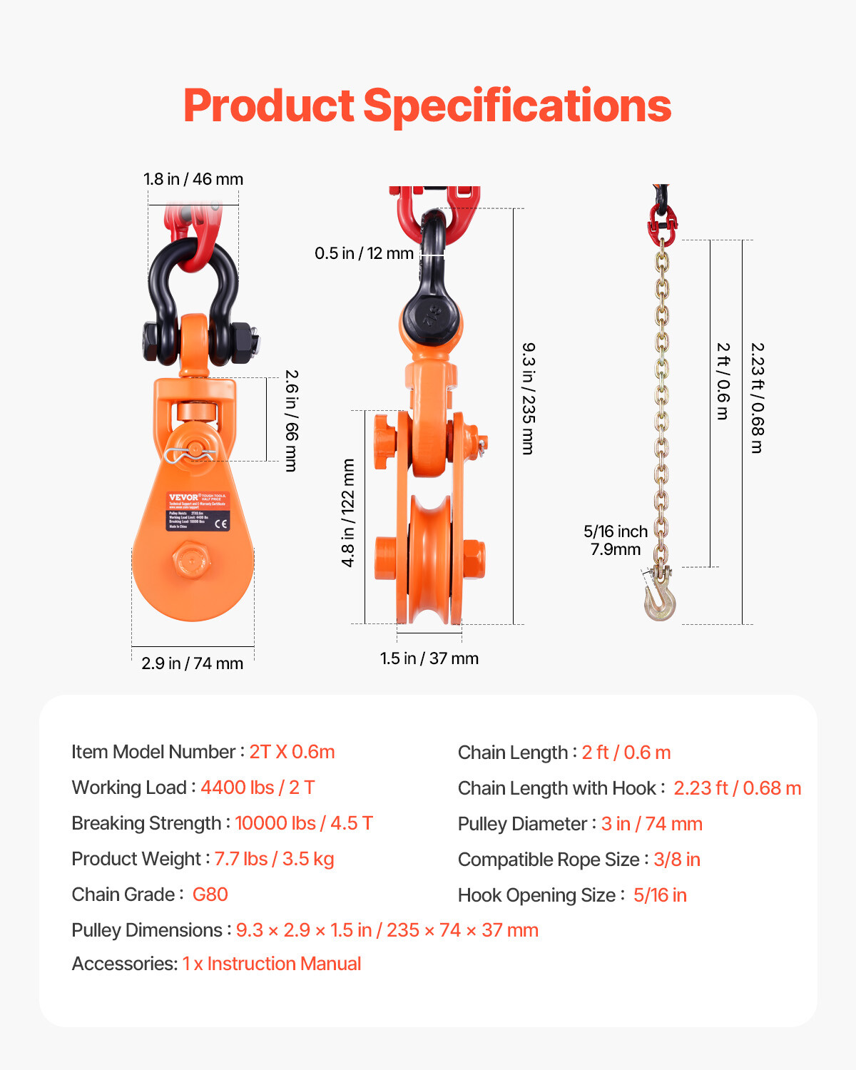 2 Ton 3" Snatch Block with Chain Flatbed Tow Truck Rollback Car Carrier Cable