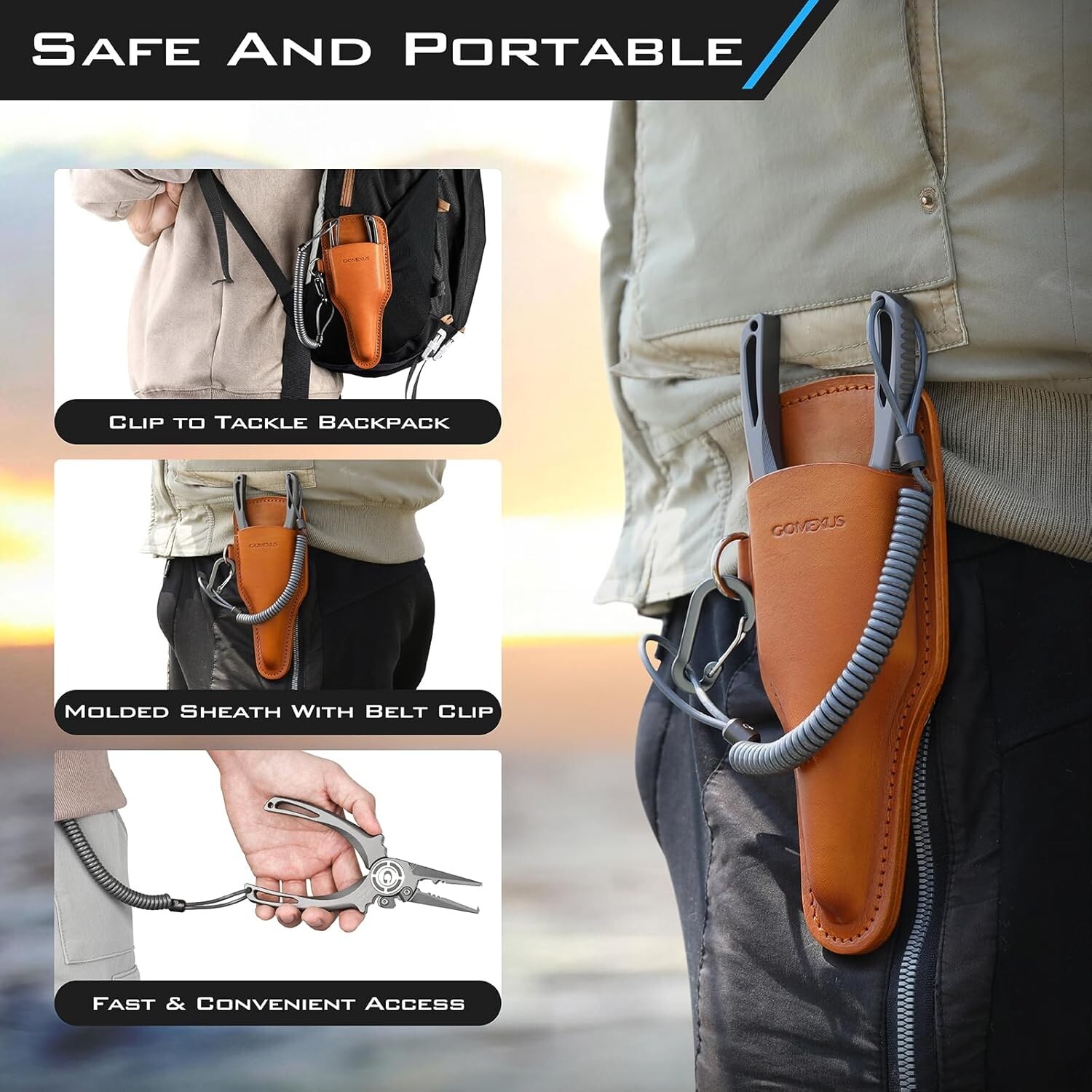 Gomexus Never Rust Titanium Fishing Plier 7'' Leather Sheath lanyard Split Ring