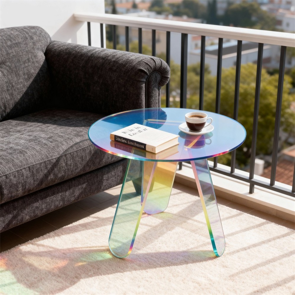 Round Iridescent Rainbow Coffee Table Acrylic Sofa Side End Table Triangle Legs