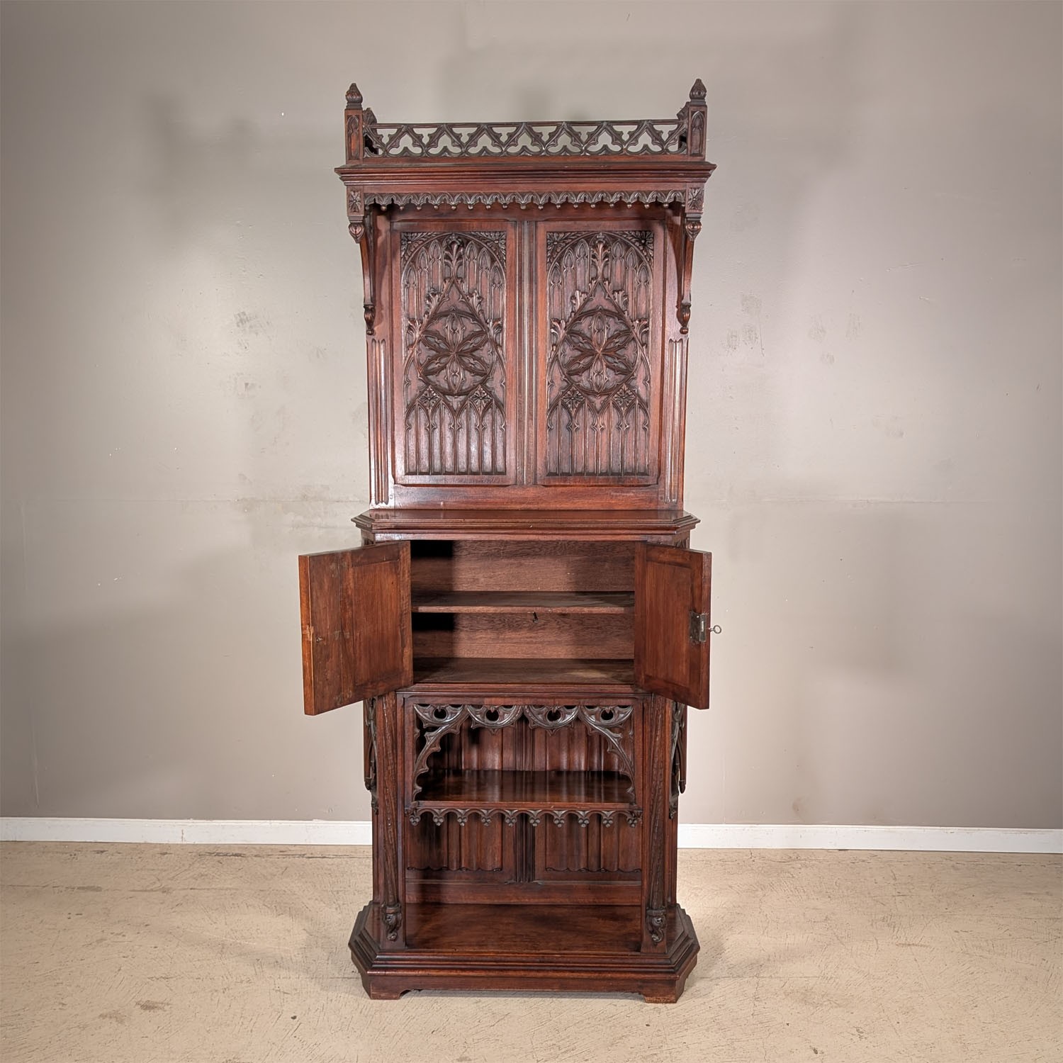 Premium Quality Antique French Gothic Carved Walnut Cabinet Pedestal