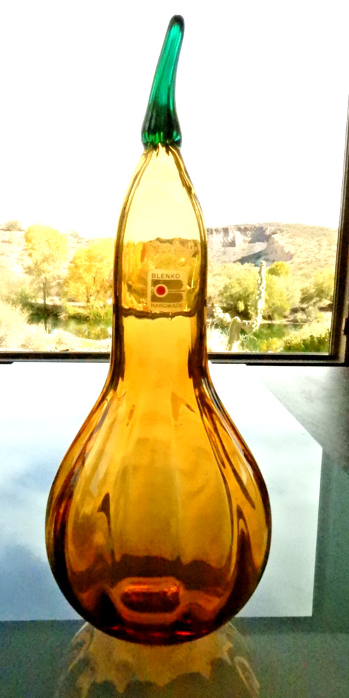 Blenko Hand Blown Amber Glass Gourd signed + dated 2001, 11" Tall x 5" Wide