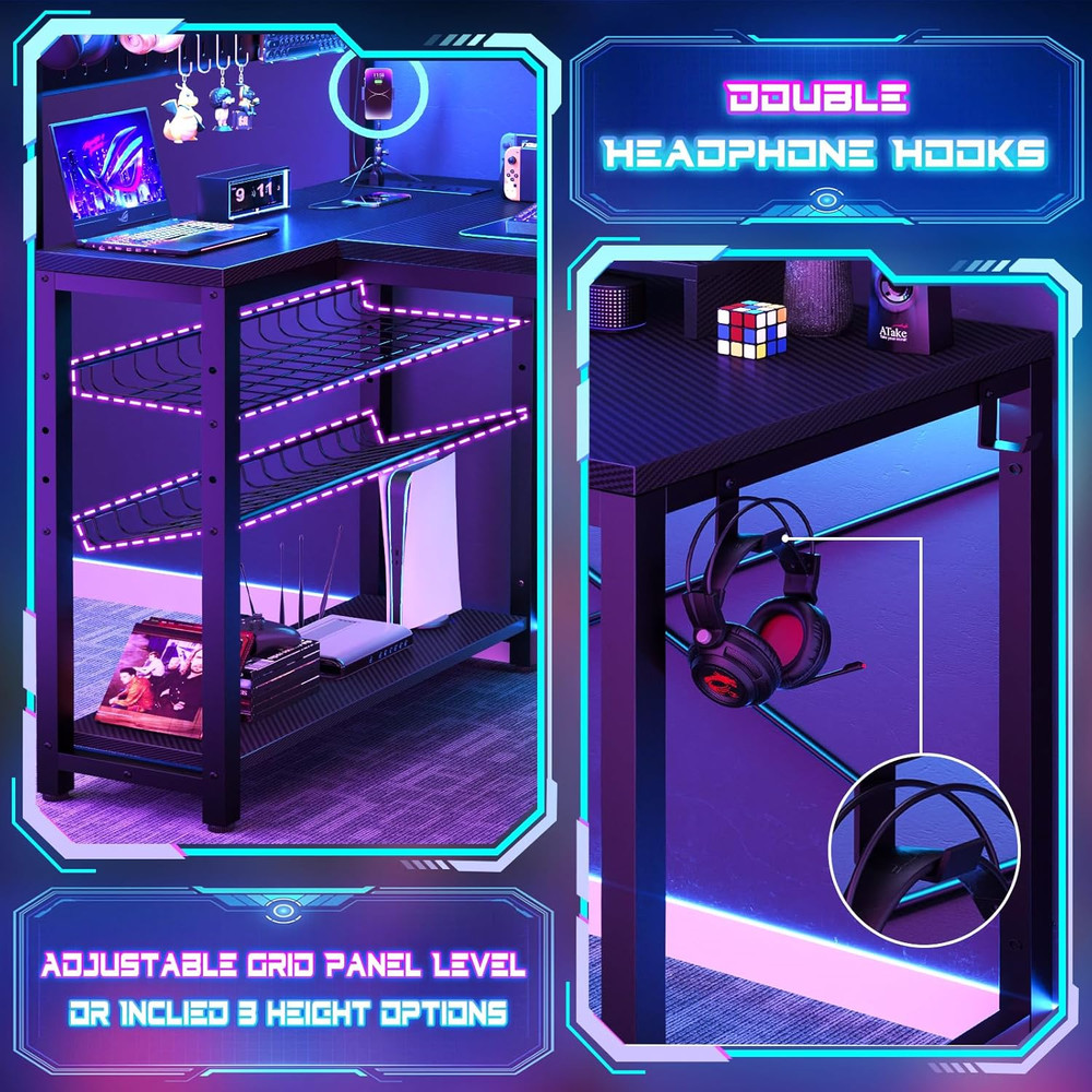 Small Gaming Desk with Power Outlets Pegboard LED Light, 43 Inch L Shaped Comput