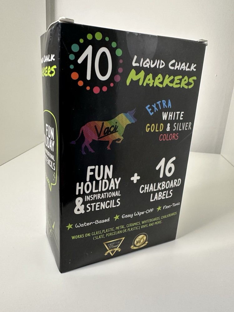 Vaci Liquid Chalk Markers Set 10 Pack White Gold Silver + Labels