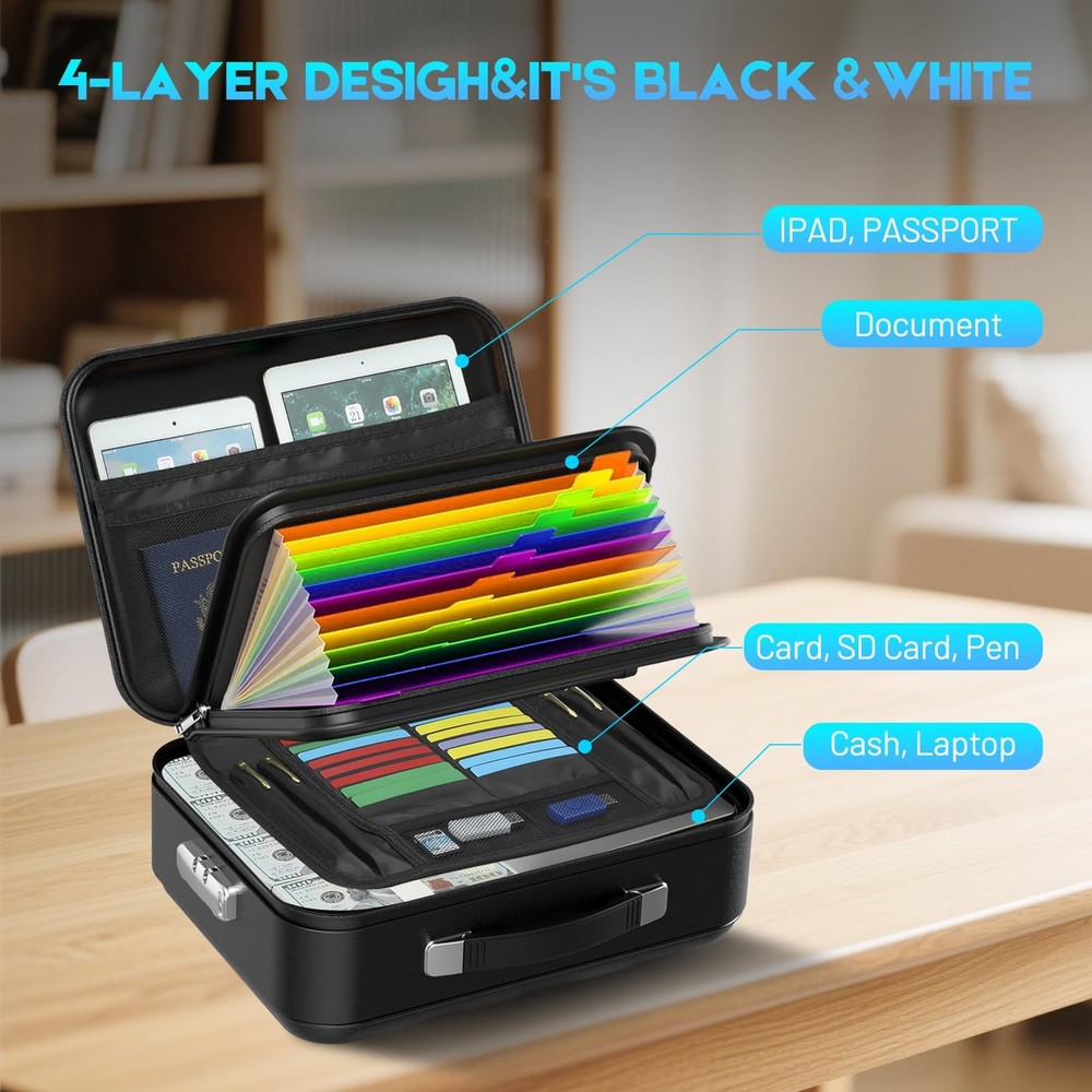 Fireproof Document with Lock, Hard-Shell Case File Organizer with Accordion F...