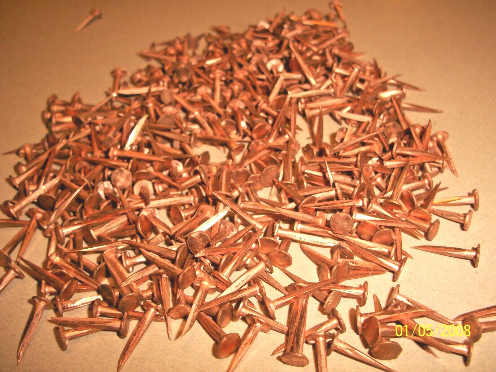 100 VINTAGE 5/8” LONG SOLID COPPER TACKS sharp point's 1/4” WIDE flat head N.O.S