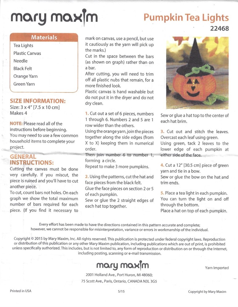 PUMPKIN TEA LIGHTS 7ct plastic canvas  PATTERN  (#TF0516)