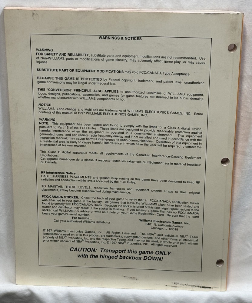 ORIGINAL-BALLY-NBA FASTBREAK-OWNERS MANUAL