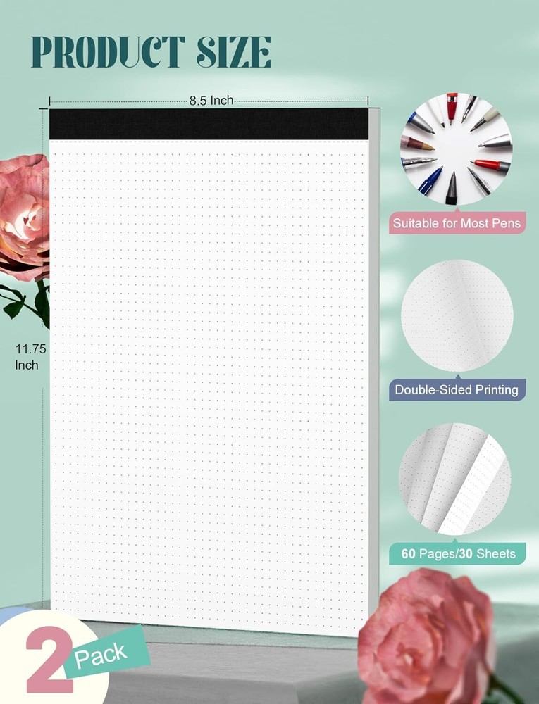 Dot Grid Notepad 8.5 x 11, 2 Pack, 5x5 x 11.75 Inch-Dotted Grid, White
