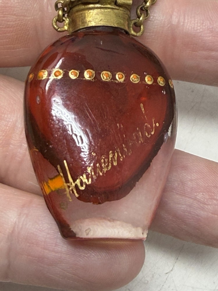 Vintage Chatelaine Finger Ring Perfume Bottle Red Glass Enamel