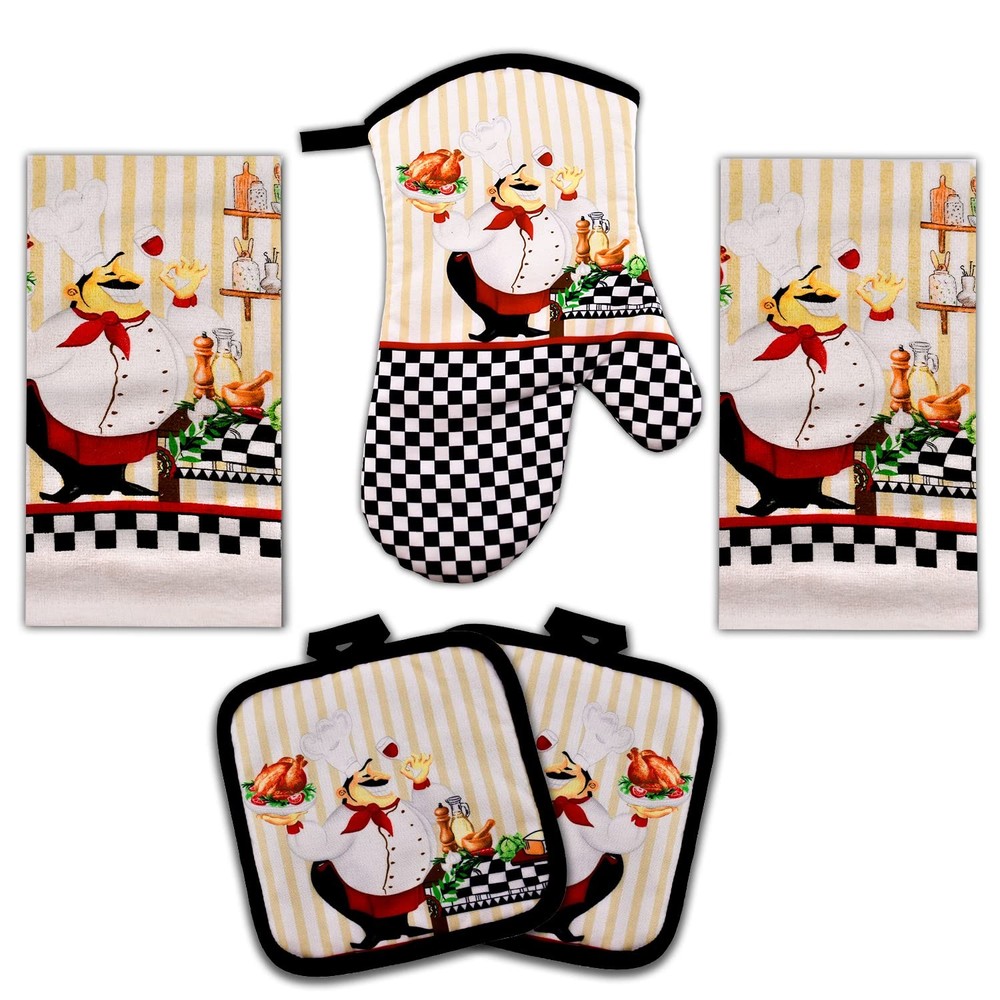 - Charming 5 Piece Kitchen Towel Set: Chubby Uniformed Chef Design, Includes ...