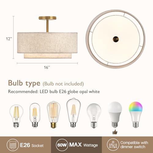 16" Double Drum 3-Light Semi Flush Mount Ceiling Light, Classic Fabric Gold