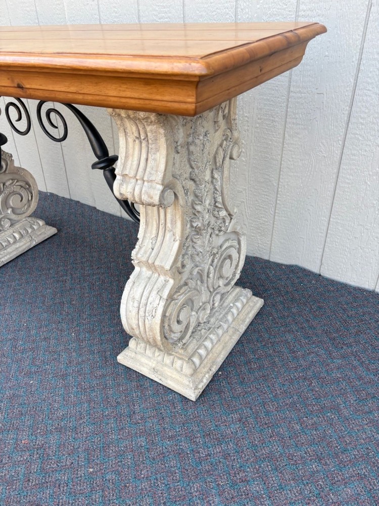 67646 Rustic Console Table with Carved Stone Base and Iron Accents