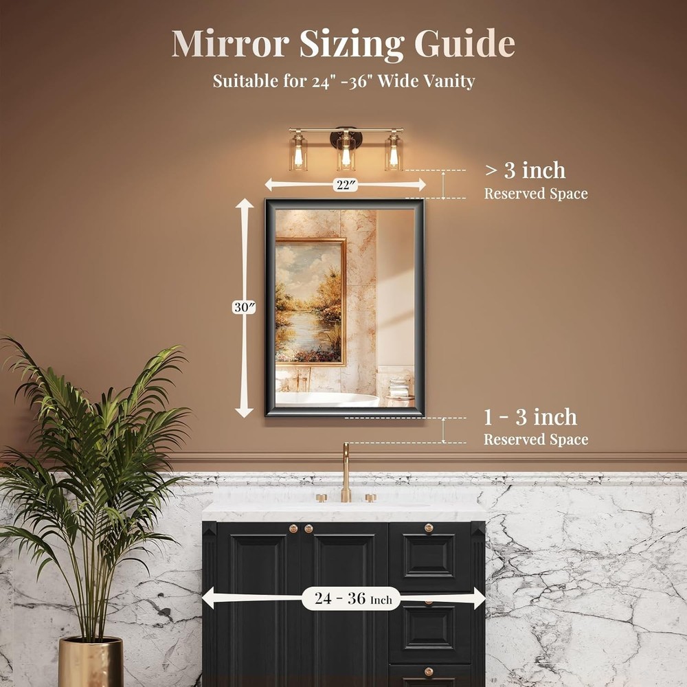 USHOWER 22x30" Black Bathroom Mirror Metal Frame Rectangle Wall Vanity Mirror
