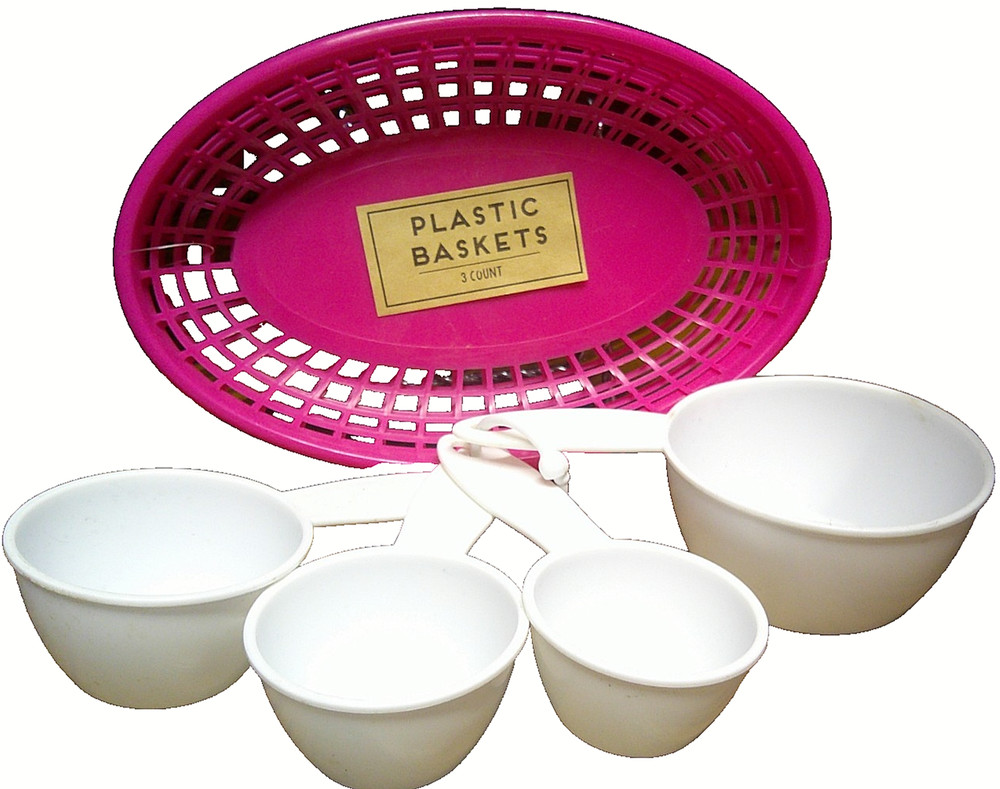 Pink Plastic 3pc Baskets 9x 5.7 Oval Bread/Fast-Food + 4pc Measuring Spoons  R30