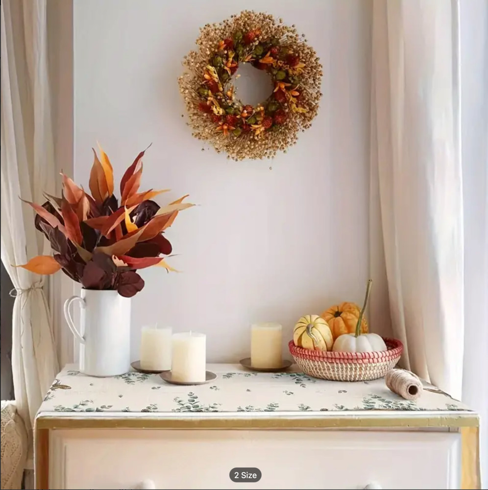 Fall Table Runner-Eucalyptus Leaves, Pinecones, Pumpkins-13x72in-Linen Blend
