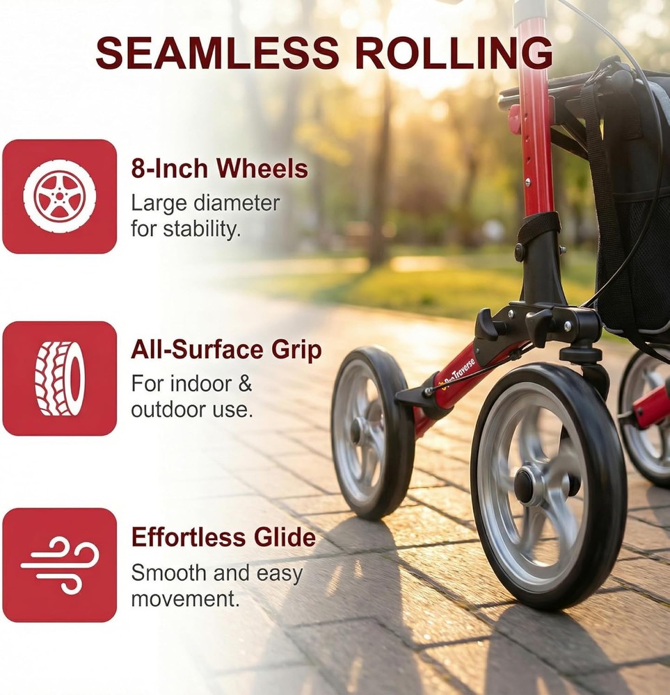 Foldable Rollator Walker with Seat Lightweight Large Wheels Rolling Walker Red
