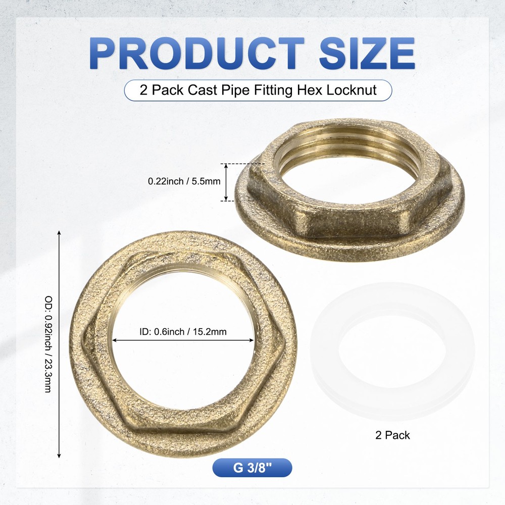 2 Pcs Brass G 3/8" Pipe Fitting Flange Hex Locknuts with Washer
