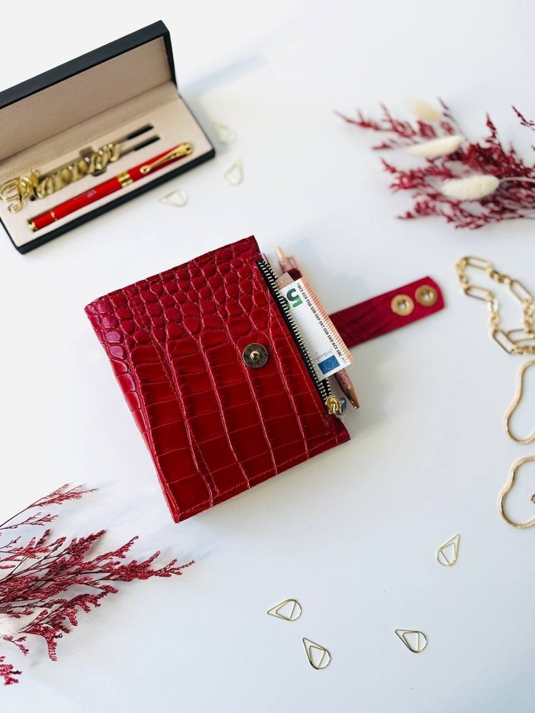 Red leather notebook cover A7 2 rings mini wallet. Dated 2026 planner gift.