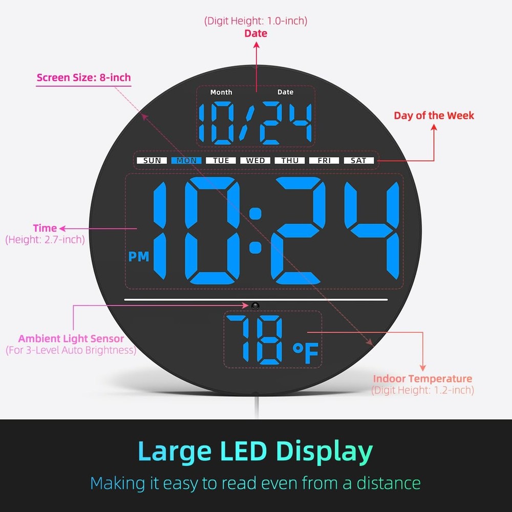 Modern Electric Wall Clock, LED Display With Date Temperature, Plug In, Blue