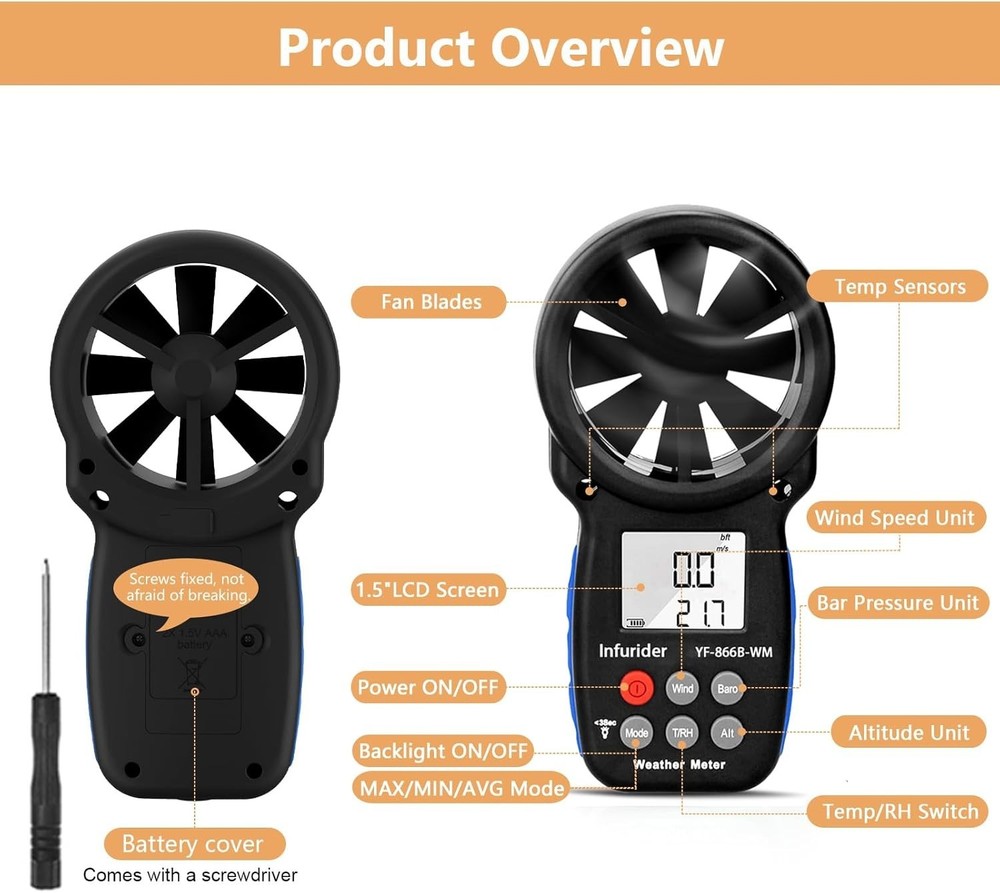 Handheld Anemometer Barometer Weather Meter for Wind Speed Temp Humidity