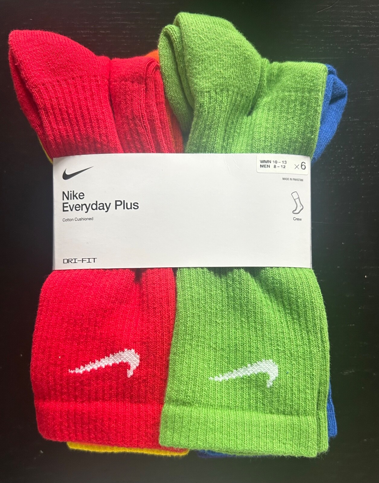 Nike Everyday Plus Cushioned Crew Socks 6 Pk SX6897-903 Rainbow L 8-12M 10-13W