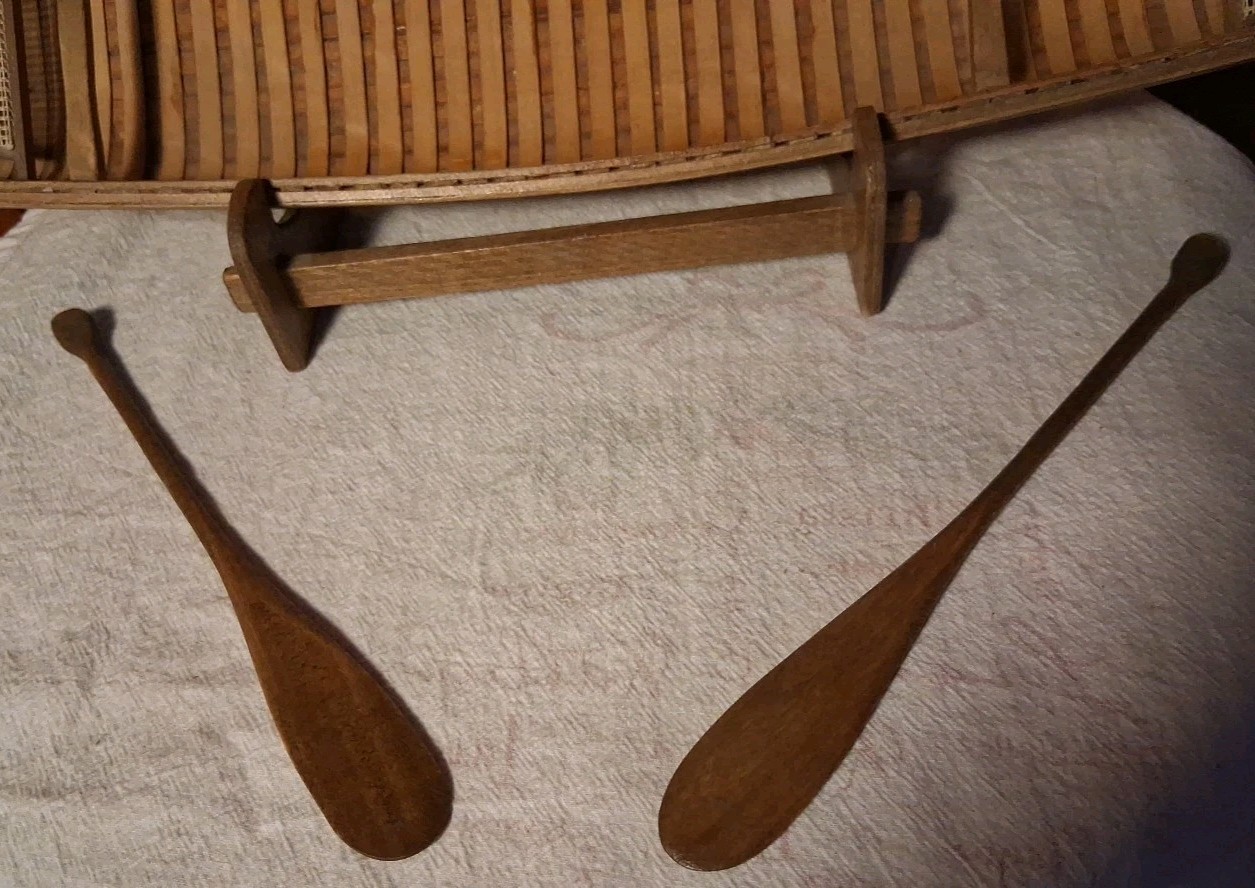 Vintage AM Wooden Large 27" Canoe Model~2 Paddles & Stand~Original Box