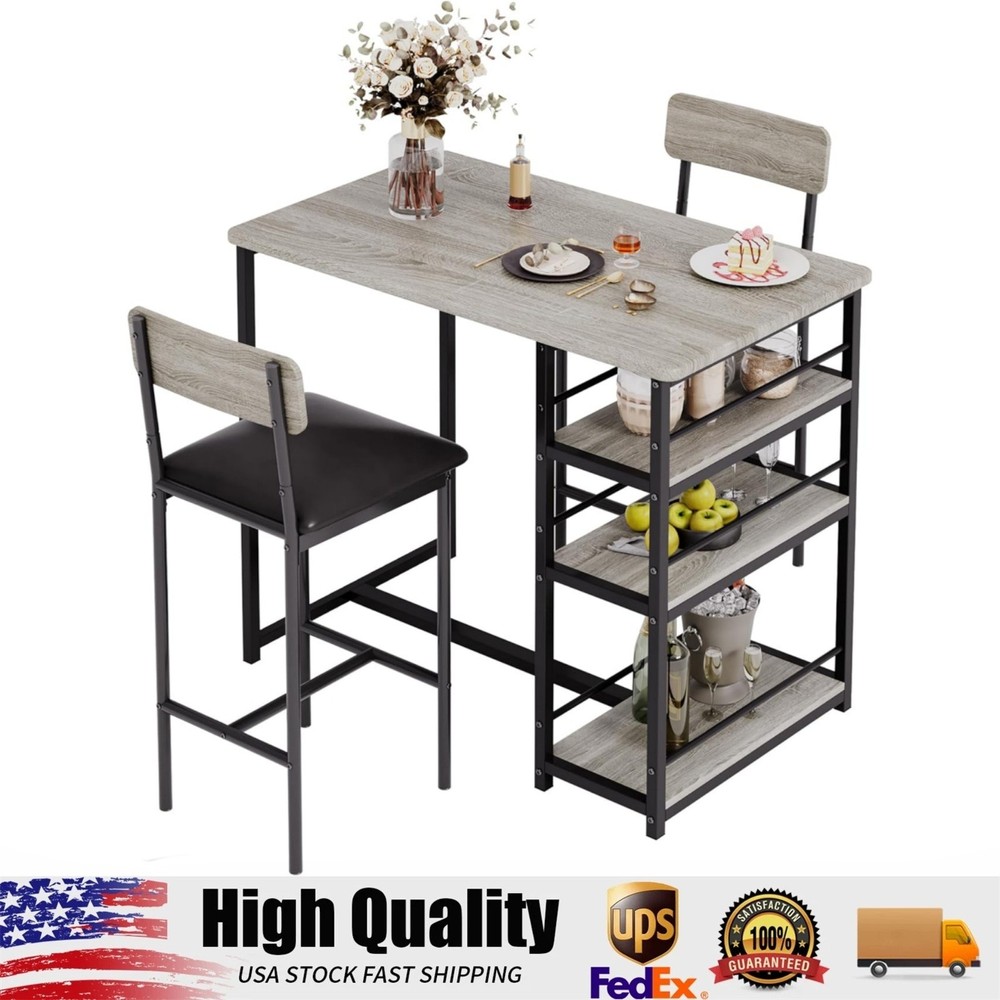 Bar Table and Stools Set for 2, Modern Dining Table Set with 3 Storage Shelves