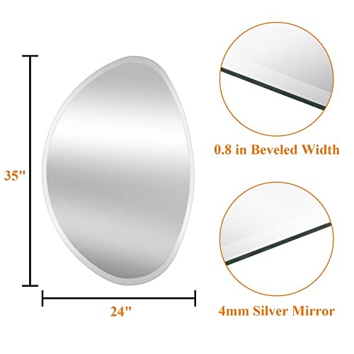 35"x24" Wall Mirror, Stone Frameless Wall Mounted Mirror with Beveled Edge